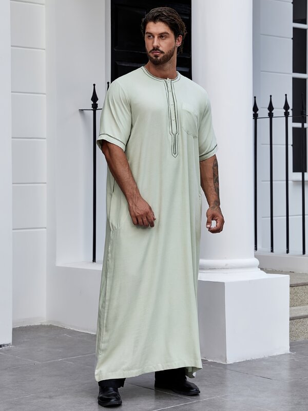 Baju Muslim pria, baju lengan panjang Henley dengan saku Kaftan, Abaya, Arab, Gaun panjang Thobe jubah untuk pria
