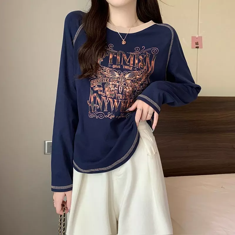Women Casual Long Sleeve T-Shirts Spring Autumn Solid Loose Pullovers Printing Tshirts Female Streetwear Base Thread Y2k Tops