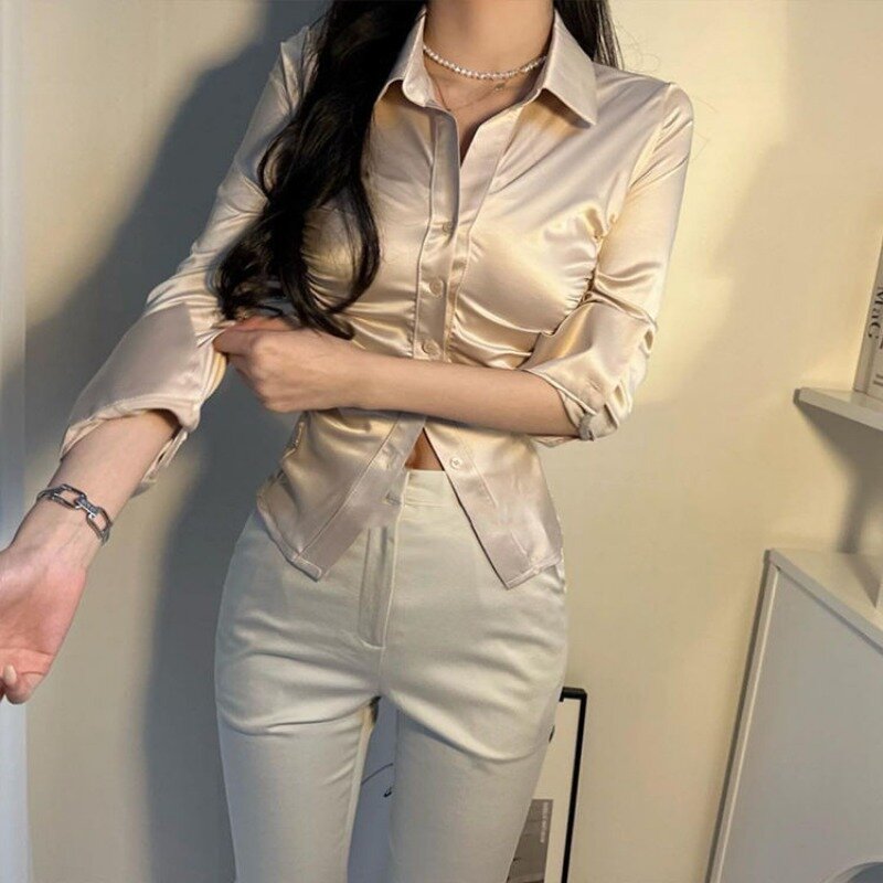 QWEEK blus Coquette wanita, kemeja pendek warna putih elegan lengan panjang untuk kantor musim semi dan musim semi