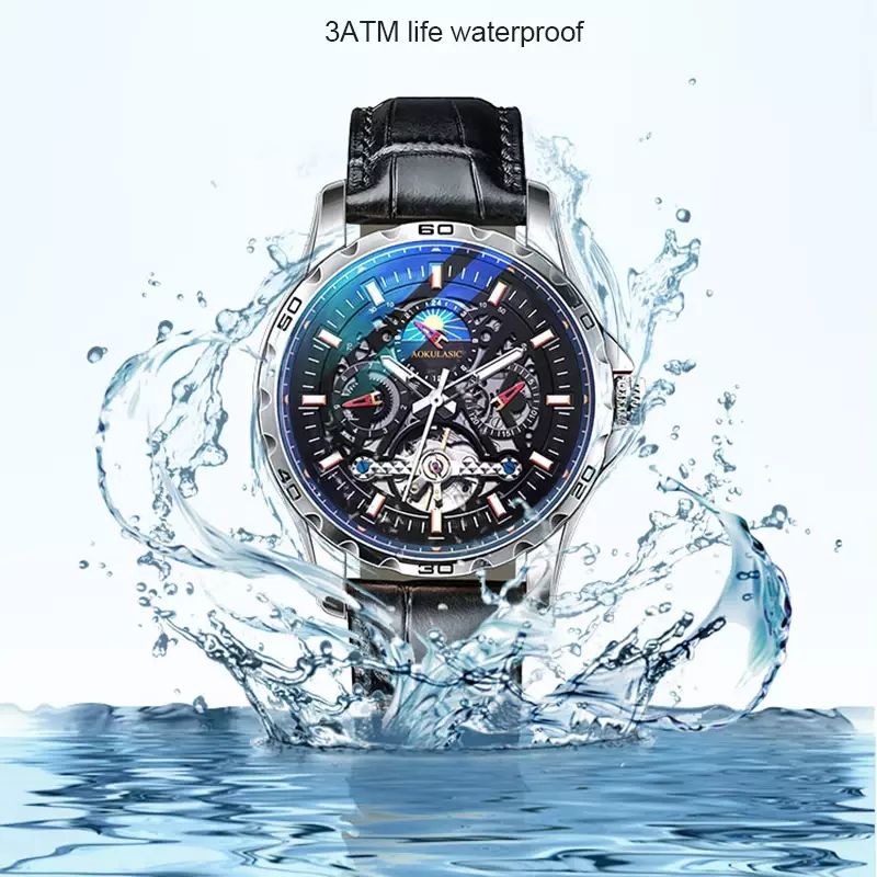 AOKULASIC Luxury Mechanical Male Watches Automatic Watch Wrist Mens Hollow Out Clock Luminous Moon Phase Waterproof Sport Watch