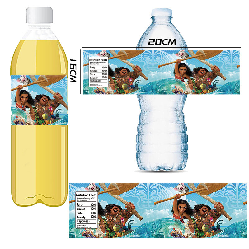 Etiquetas adhesivas de botella de dibujos animados con temática Moana, decoraciones de fiesta de cumpleaños para niños, pegatinas de botella de jugo, suministros de fiesta impermeables