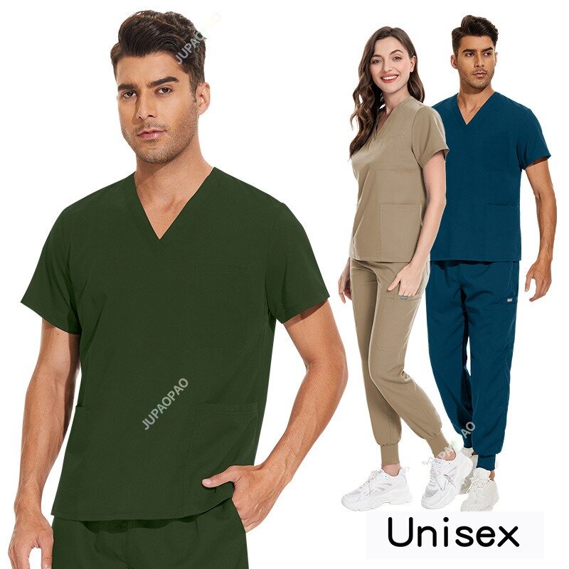 Wielokolorowy Jogger pasuje do mundurków pielęgniarskich z krótkim rękawem, bluzki z dekoltem w szpic spodnie z kieszeniami pielęgniarki, zestaw medycznych ubrań klinicznych