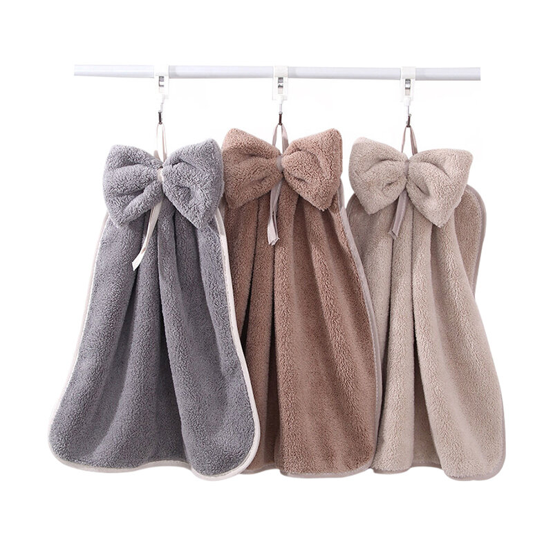 Manufacturers Wholesale High-density Coral Velvet Bow Cute Hanging Hand Towel Absorbent Kitchen Bathroom Towel