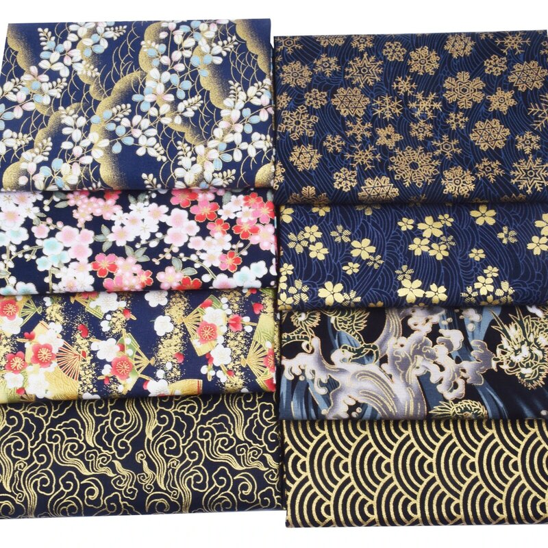 Tela de algodón azul bronce japonés colorido, tela estampada para Kimono, tela textil, muñecas de costura y bolsos, Material de retales