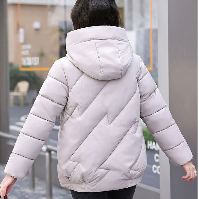 女性用パーカー付きショートコート,厚手の暖かい冬のジャケット,ルーズでカジュアル,アウターウェア,無地,2023