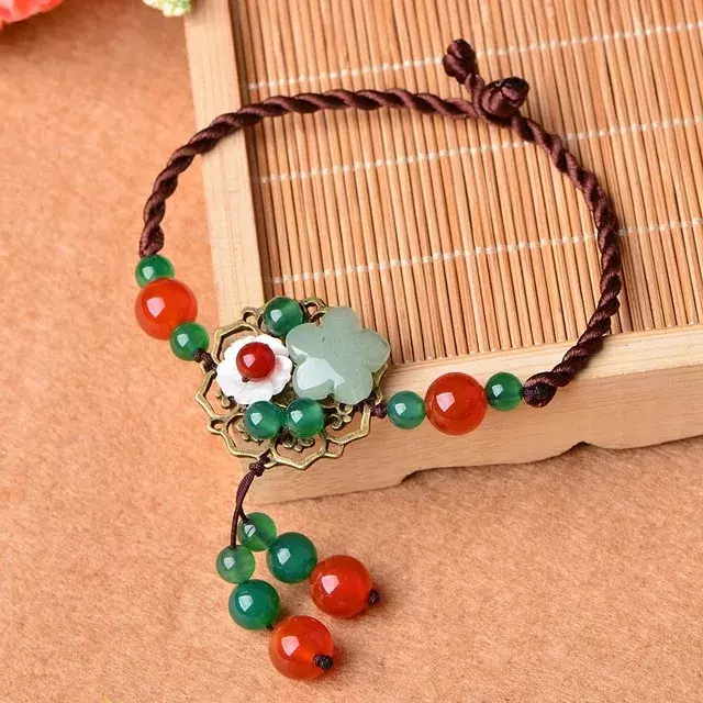 Jade Stone Jadeite Emerald Flower Anklets Charm Jewellery Fashion Accessories Chinese Carved Amulet Gifts for Women Her