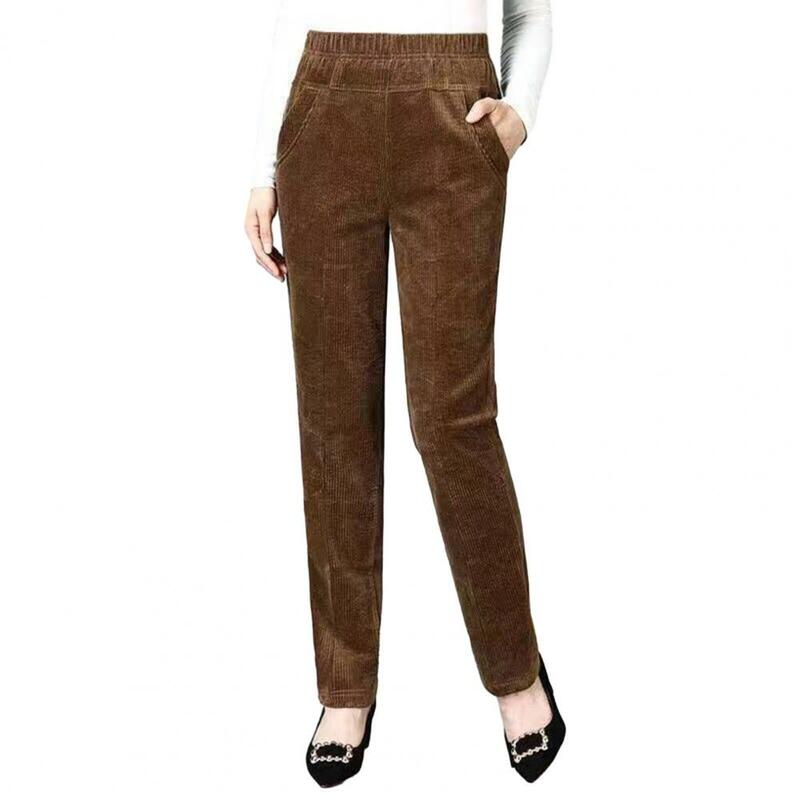 Celana bulu warna polos wanita, nyaman gaya musim gugur/musim dingin kain bulu desain kaki lebar dengan pinggang elastis tinggi untuk Kasual