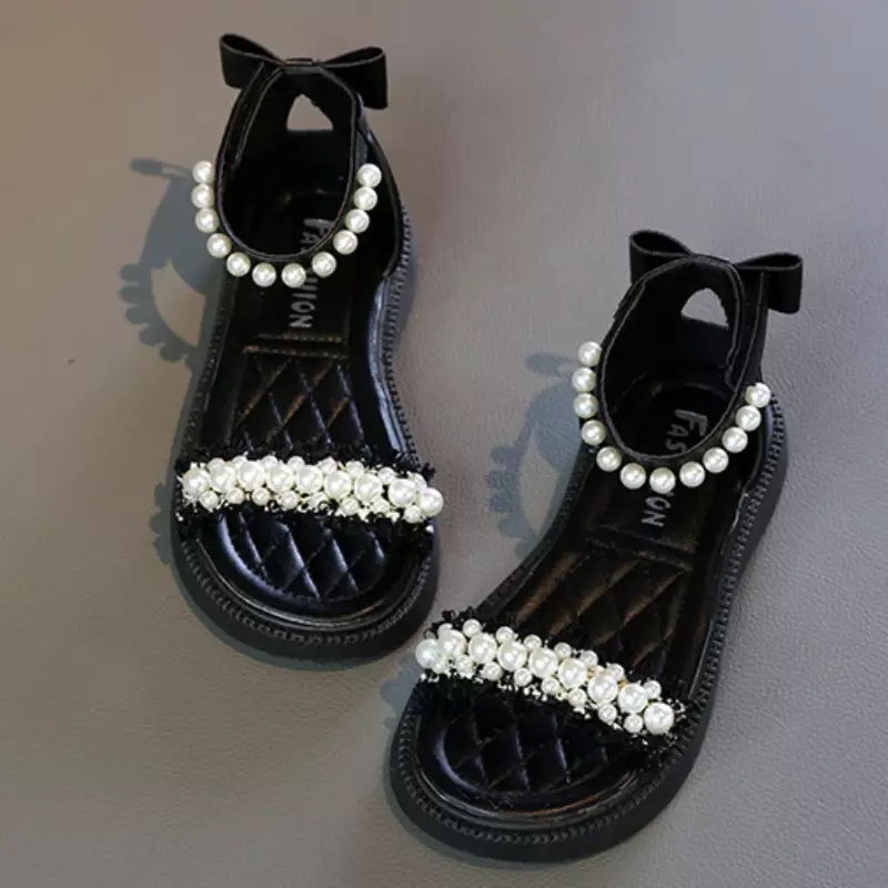 Sandalias romanas de princesa para niños y niñas, chanclas informales con perlas, sandalias de gladiador de playa de Punta abierta, moda elegante, bucle de gancho, Verano