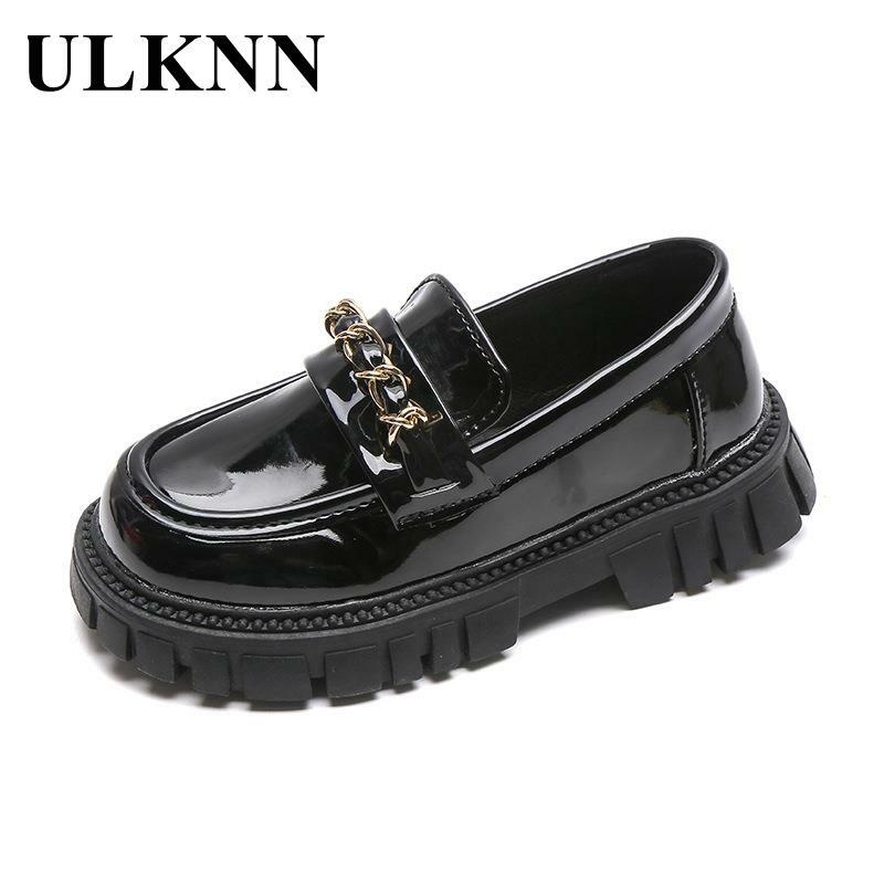 ULKNN Children's Black Leather Shoes Student Soft-soled Performance Shoes 2023 Spring Kid's Platforms Anti-Slippery Chains Shoe
