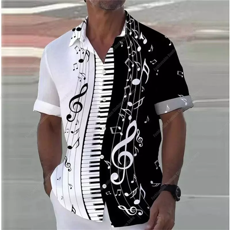Letnia koszula męska nuty fortepianowa z nadrukiem 3D moda uliczna XS-5XL koszula z klapą z krótkim rękawem