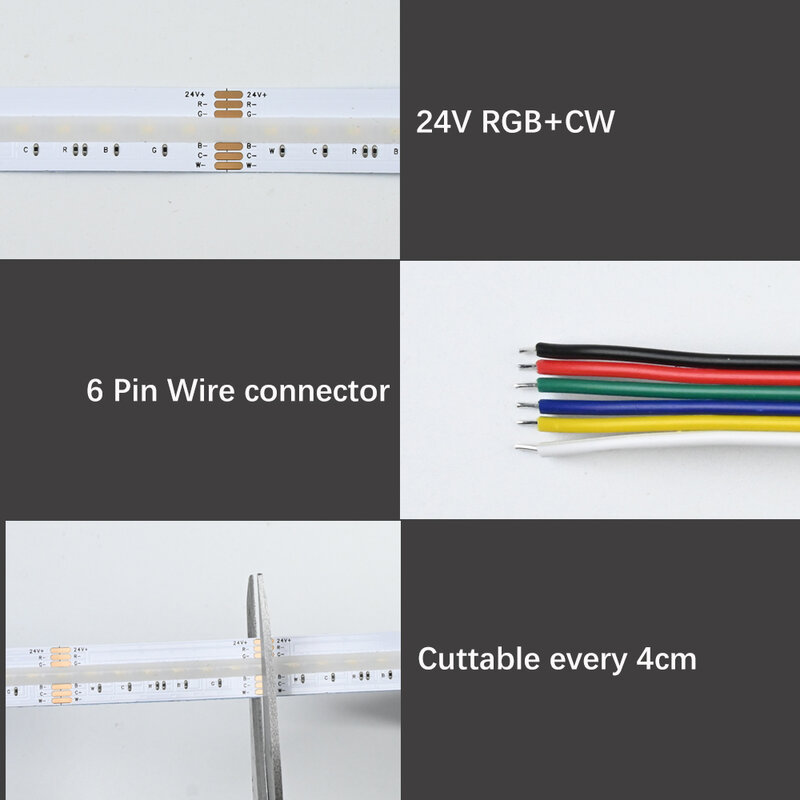 COB RGB + CCT LED 스트립 조명, RGBCW 유연한 조도 조절 램프, 고밀도 RA90 선형 조명, 포인트 없음, 6 핀, 24V, 1m, 2m, 3m, 4m, 5m, 10m