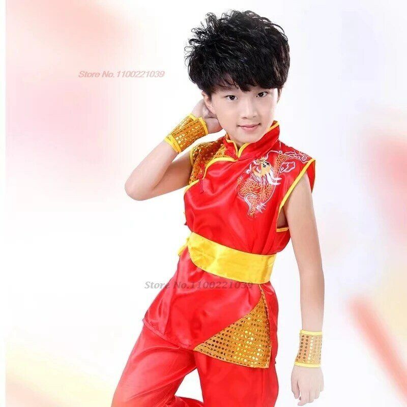 2024 chinesische Kinder Wushu Tai Chi Uniform Wushu Kung Fu ärmellose Set Kampfkunst Drachen Stickerei Pailletten Trainings übung