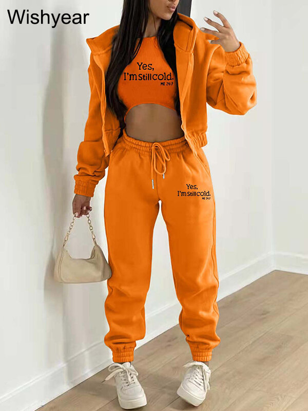 Casual Long Sleeve Zip Hoodies Ribbed Tank High Waist Jogger Pants Three Piece Sets Women Sporty Letter Print Sweatpants Outfit