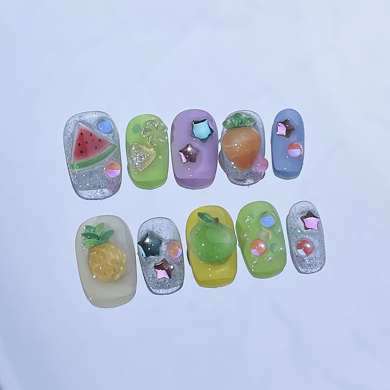 Uñas postizas cortas hechas a mano, uñas postizas de cobertura completa 3D con diseño de dibujos animados de frutas, 10 piezas