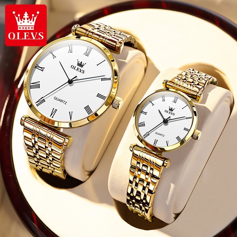 OLEVS jam tangan pasangan, jam tangan pasangan asli pria dan wanita kesederhanaan, anti air, jam kuarsa mewah, skala Roma, jam tangan romantis