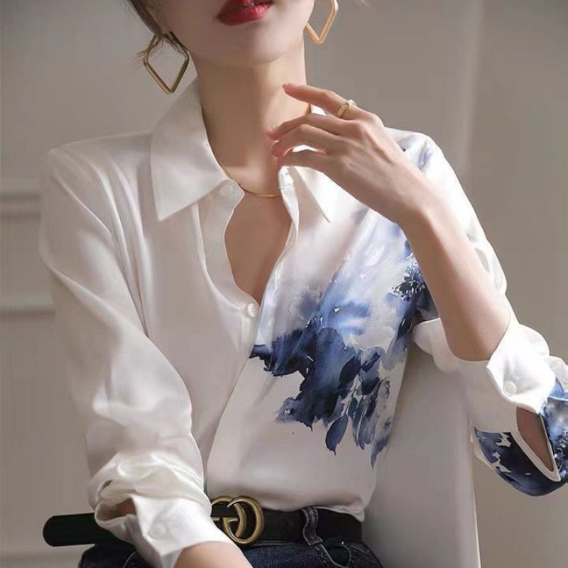 Vintage Krawatte Farbstoff lose Bluse Frühling neue Polo-Ausschnitt Langarm Knopf Druck Büro Shirt Tops elegante Mode Frauen Kleidung