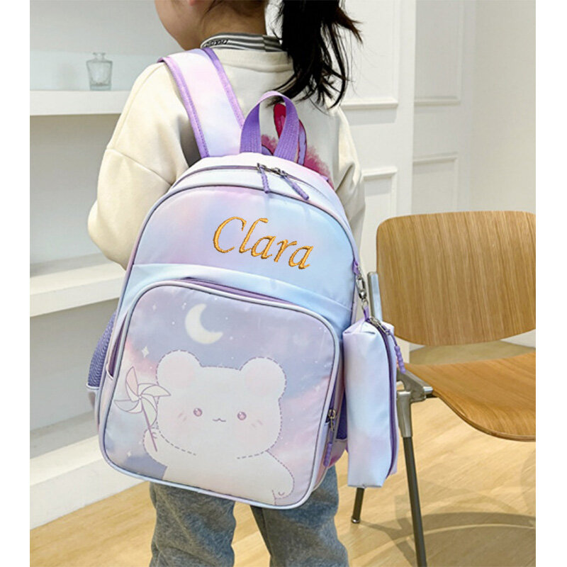 Personalized Name Kindergarten Backpack Cartoon Unicorn Nylon Cloth Backpack With Large Capacity Pencil Case Backpack