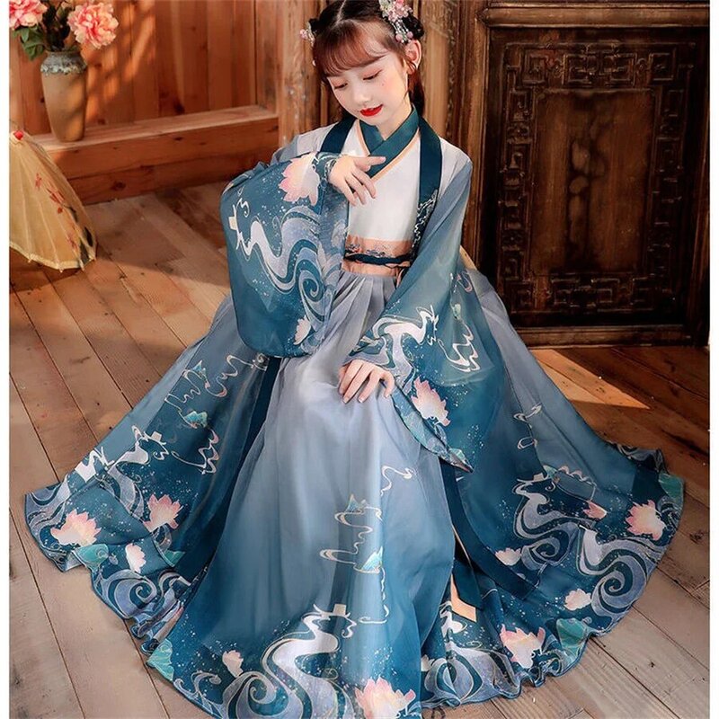 Costume folklorique traditionnel chinois Hanfu pour enfants, vêtements de danse Han pour filles, vêtements de cosplay pour dames, financièrement, robe de princesse des Prairies