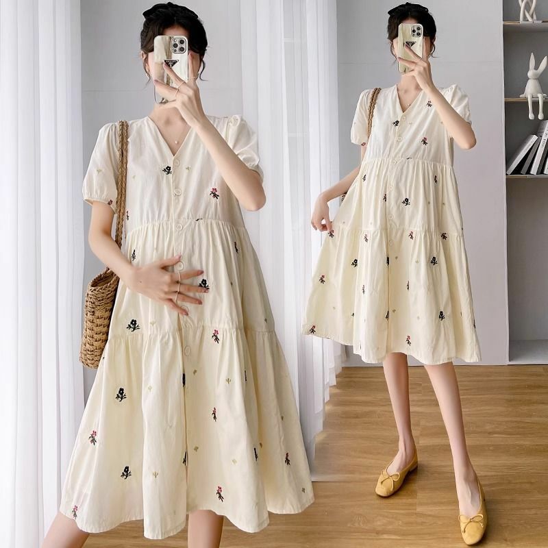 Fashion Maternity Dresses Summer A-line Loose Short Sleeve Skirt Pregnant Women Doll Clothes Pregnancy Mom Printed Dress New