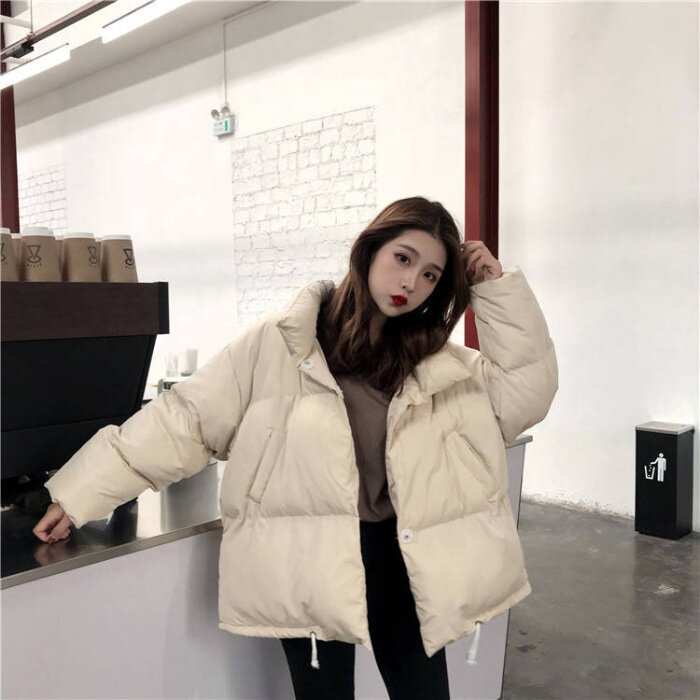 女性の黒のパフジャケットコート,韓国のファッションコート,スタンドカラー,厚くてだぶだぶの冬服,2022