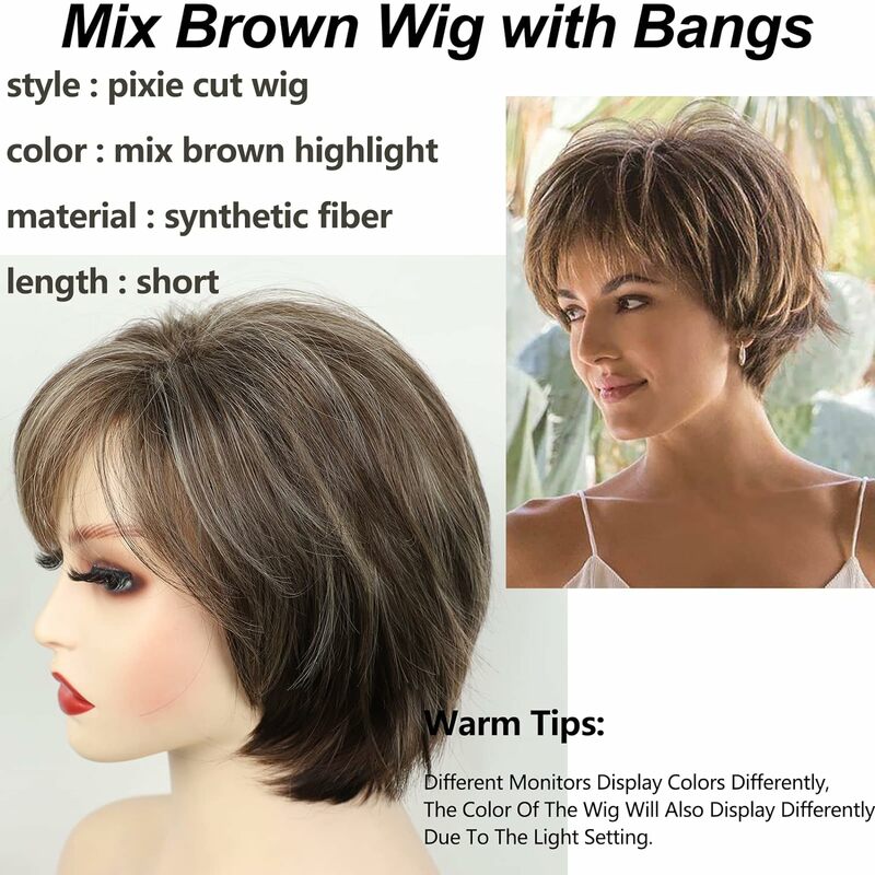 Perucas curtas marrons Pixie para mulheres brancas, cabelo humano com franja, loiro misto, fibra sintética reta, perucas em camadas, fibra sintética