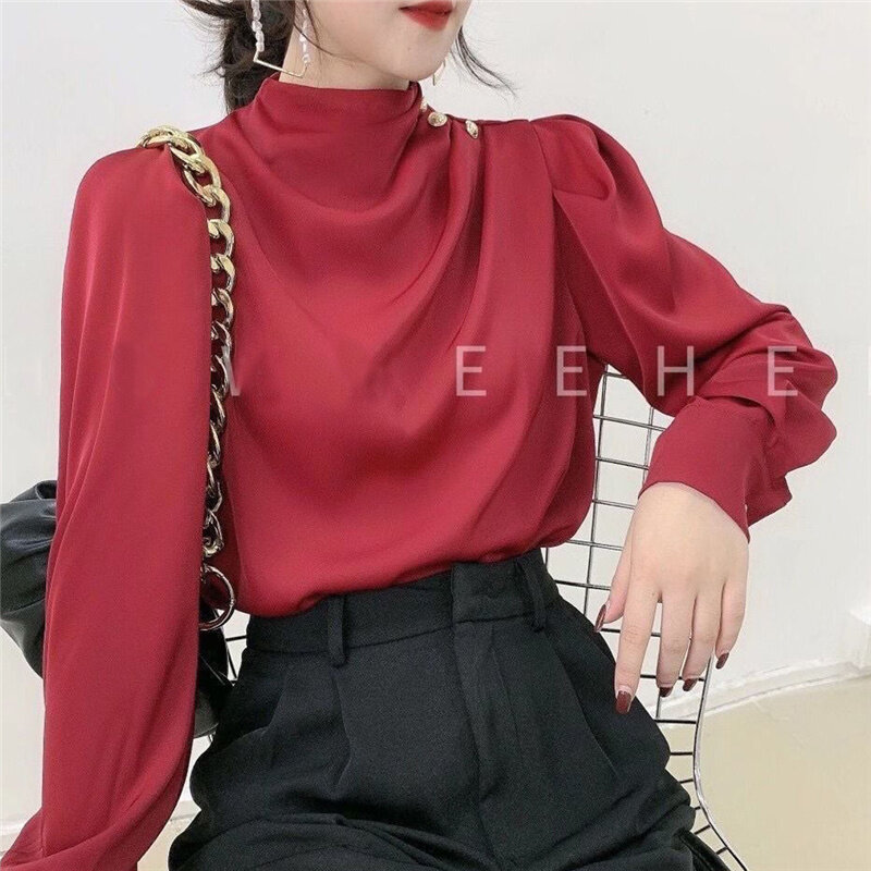 Satin Retro Elegant Chic Luxury Design Office Lady Business Casual Shirt Fashion Ruffle Solid Long Sleeve Tops Blouses For Women