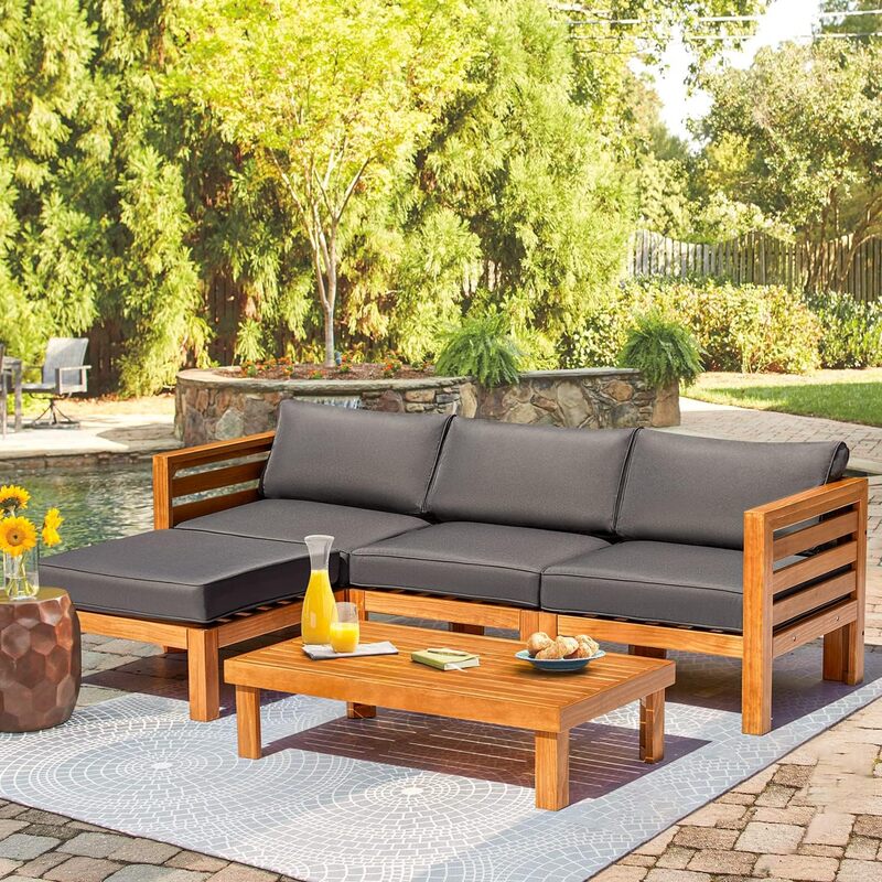 4/5-częściowy zestaw do rozmów na patio ze stolikiem kawowym i miękkimi poduszkami, zestaw mebli drewnianych, zestaw sof ogrodowych do ogrodu, przy basenie
