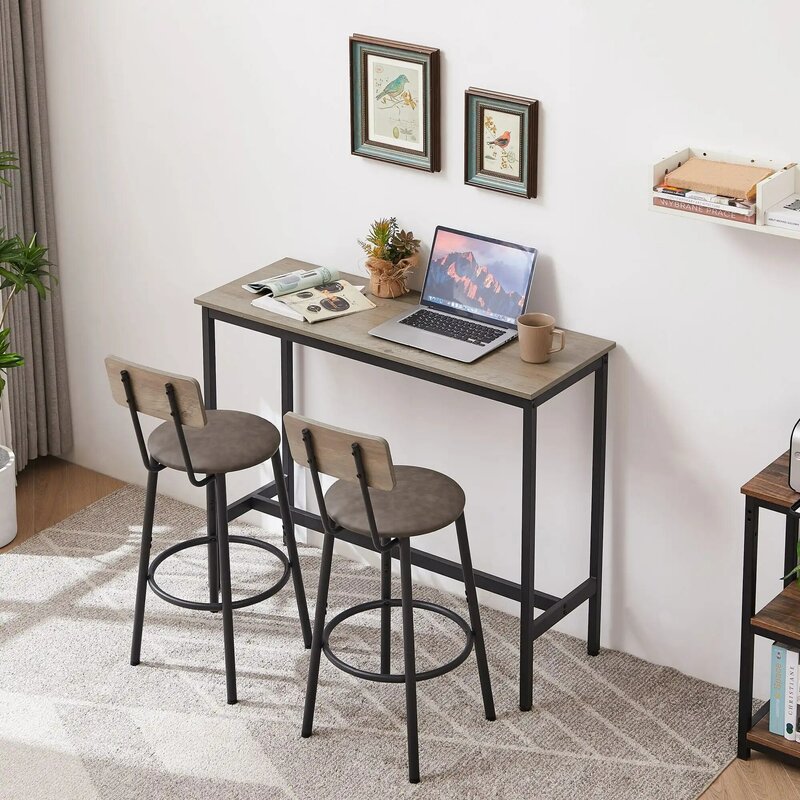 3 피스 바 테이블 세트, 펍 식탁, PU 커버 의자, 주방용 등받이, 작은 공간, 회색
