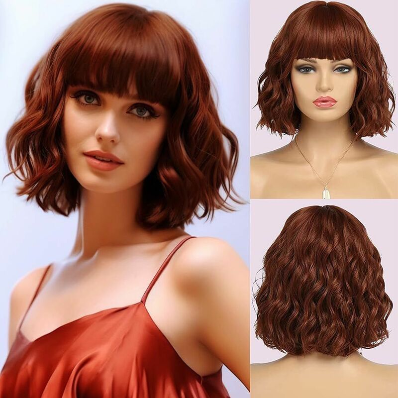 Short Copper Red Wigs for Women Fox Red Wig Ombre Red Dark Root Culy Bob Wigs with Bangs Ginger Hair Wig Wavy Synthetic Wigs