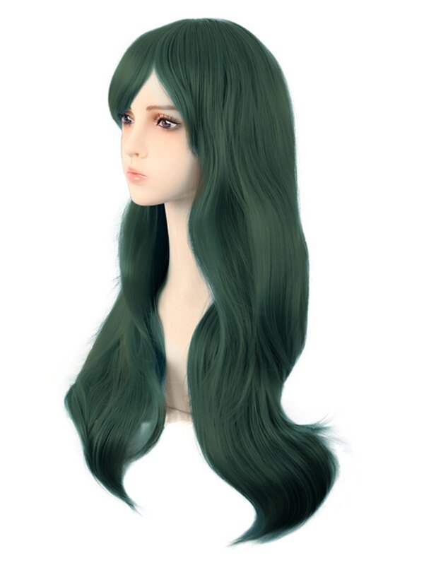 Cos parrucca femminile Micro-ricci capelli lunghi Anime fibra ad alta temperatura frangia laterale verde scuro copricapo universale da 70cm
