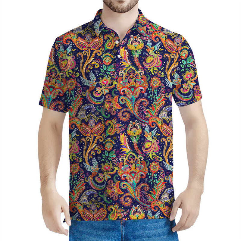 Polo Boho Paisley para homens, estampa floral, mangas curtas, camiseta de lapela de verão, botão casual, colorido
