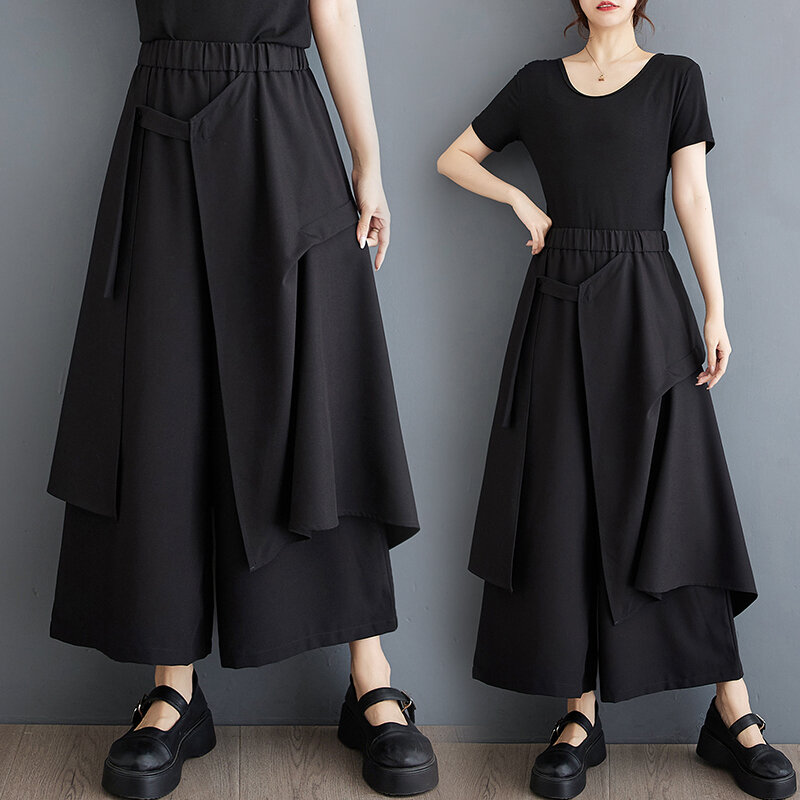 Japanische Yamamoto-Stil dunkels chwarz hohe Taille lose Sommer weites Bein Hosen Culotte unregelmäßige Street Fashion Frauen Freizeit hosen