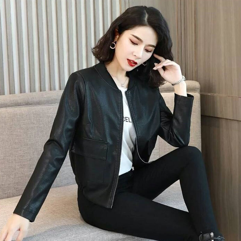 Add Cotton/No Cotton Short Black Leather Jacket Women Autumn Winter Korean Loose Baseball Uniform Casual Faux Leather Jacket 4XL