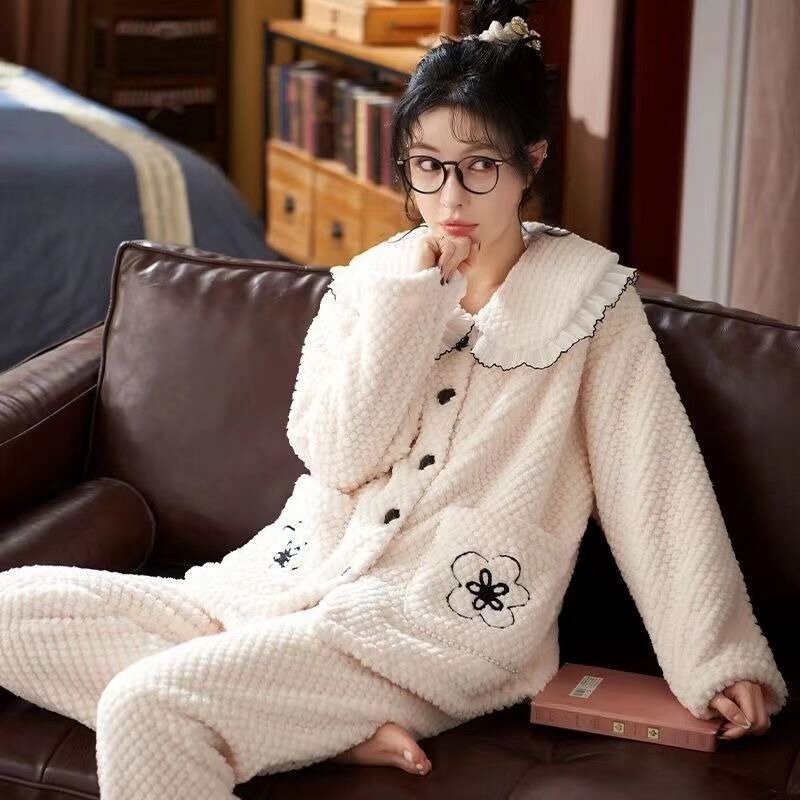 Nuovo pigiama donna corallo peluche autunno inverno 2 pezzi Loungewear Set addensare dolce carino ragazze edizione coreana Home Wear Sleepwear