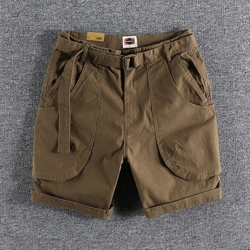Verão novo americano retro woven cargo shorts moda masculina 97% algodão lavado multi-bolso casual solto 5 pontos calças com cinto