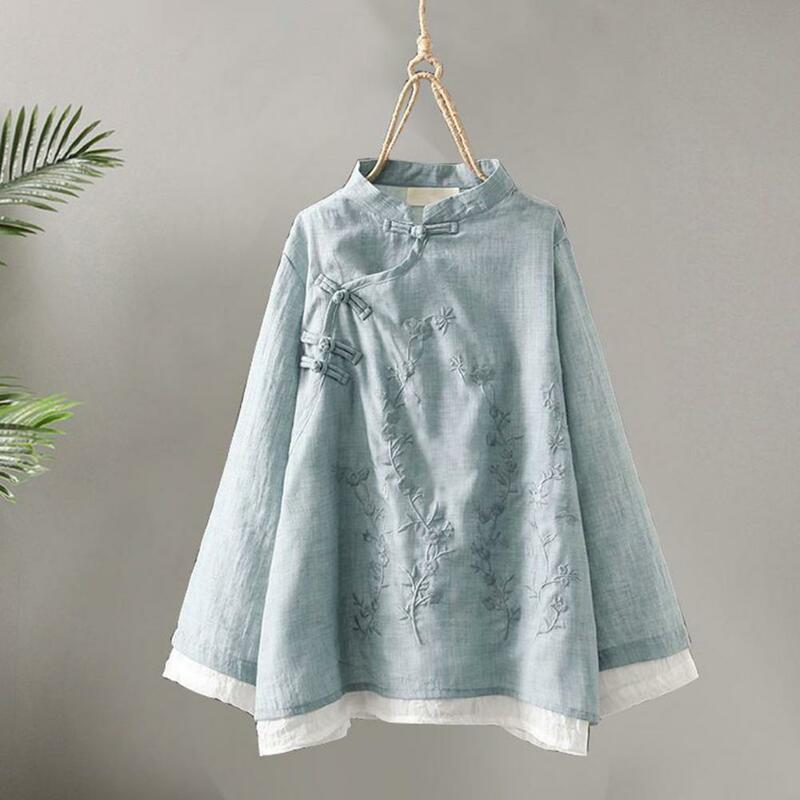 Women Shirt Patchwork Comfortable Women Spring Retro Top Solid Color Long Sleeves Chinese Vintage Shirt Lady Garment