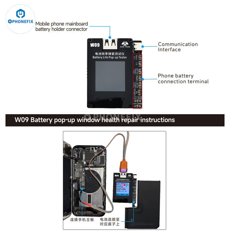 OSS W09 Pro V3 wyskakujący Tester żywotności baterii dla iPhone'a 11 12 13 14 15 Pro max usuń ważną wiadomość o baterii, rozwiązując problemy z wyskakującymi okienkami