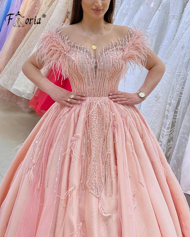 Robe de soirée formelle de luxe avec perles de plumes, rose blush, robe de soirée de mariage, sur mesure, grande taille