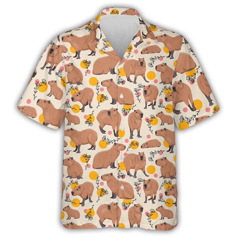 Camisa havaiana de manga curta masculina, estampa gráfica capivara kawaii, roupa de praia vintage, blusa casual, tops Y2k fofos, 3D