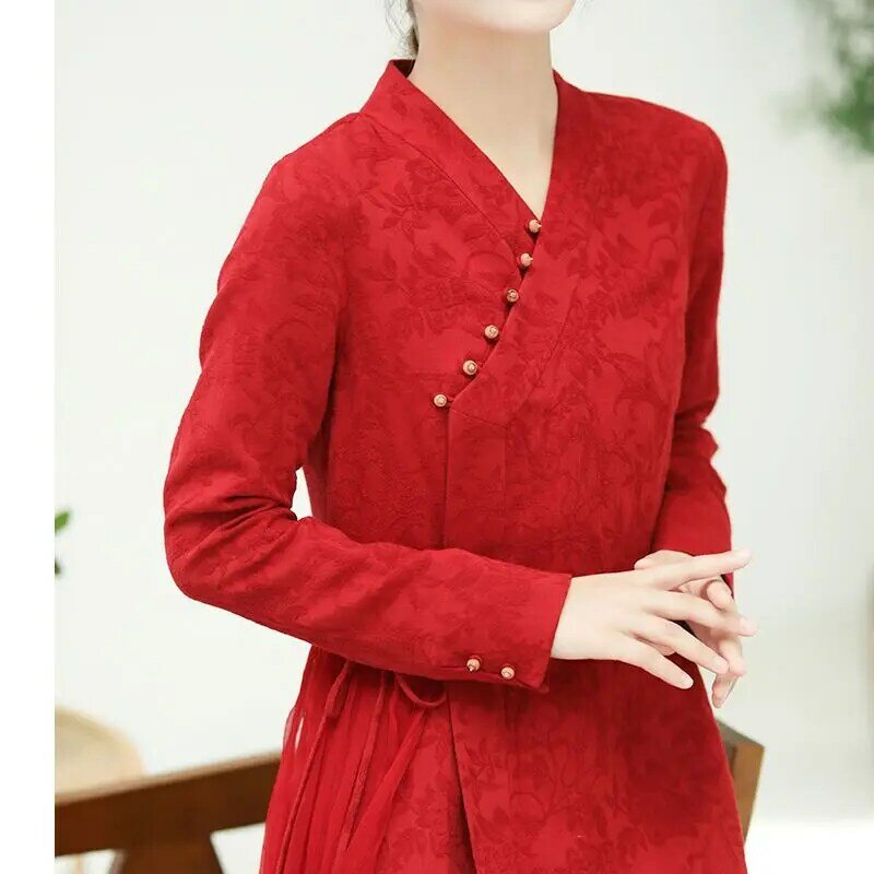 Vestido chinês retro do estilo chinês, hanfu melhorado, fada slim fit, algodão vermelho e cânhamo, arte velha do chá, outono