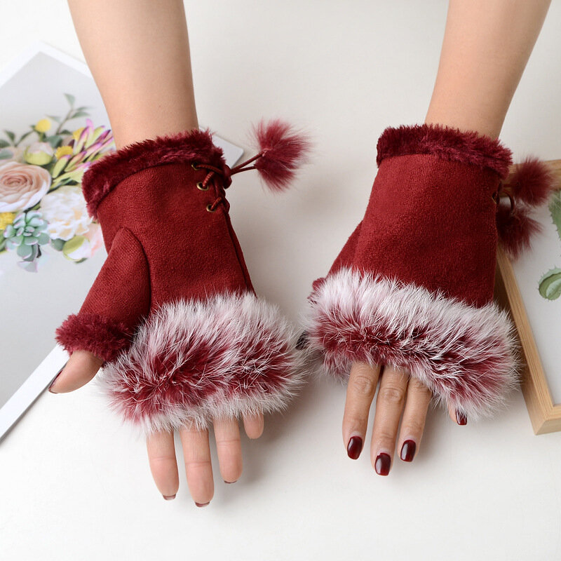 Sarung tangan tanpa jari bulu kelinci palsu untuk wanita sarung tangan tulisan tangan kantor hangat musim dingin untuk hadiah Natal anak perempuan