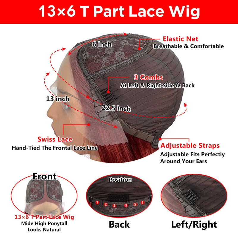 Perruque Bob Lace Front Wig péruvienne naturelle, cheveux courts lisses, rouge bordeaux 99J, 13x6x1, pre-plucked, Transparent HD, pour femmes