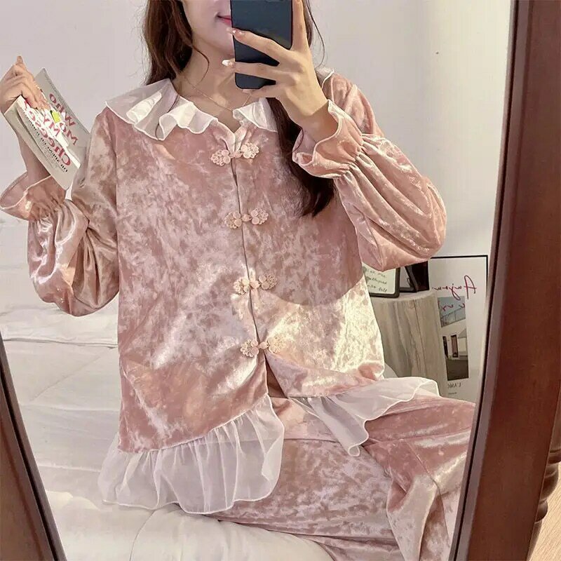 2024 New Pajamas Women Spring Autumn Gold Velvet Warm Cardigan Sweet Homewear Suit Female Casual Solid Color Nightclothes Sets