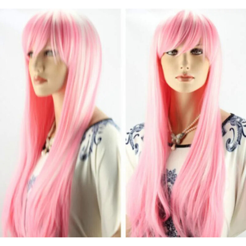 Wig gaya panjang lurus, wig rambut cosplay merah muda poni