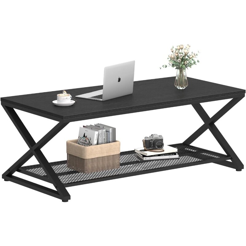 Tavolino nero LVB, tavolini centrali in metallo a 2 livelli in legno con ripiano, tavolino da tè rettangolare moderno in cemento