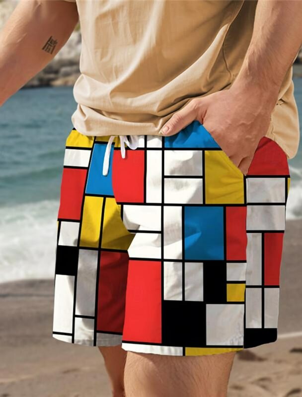 Pantalones cortos de tablero con estampado 3D para hombre, Shorts a cuadros con bolsillo y cordón, cómodos, transpirables, Estilo Hawaiano Aloha para vacaciones