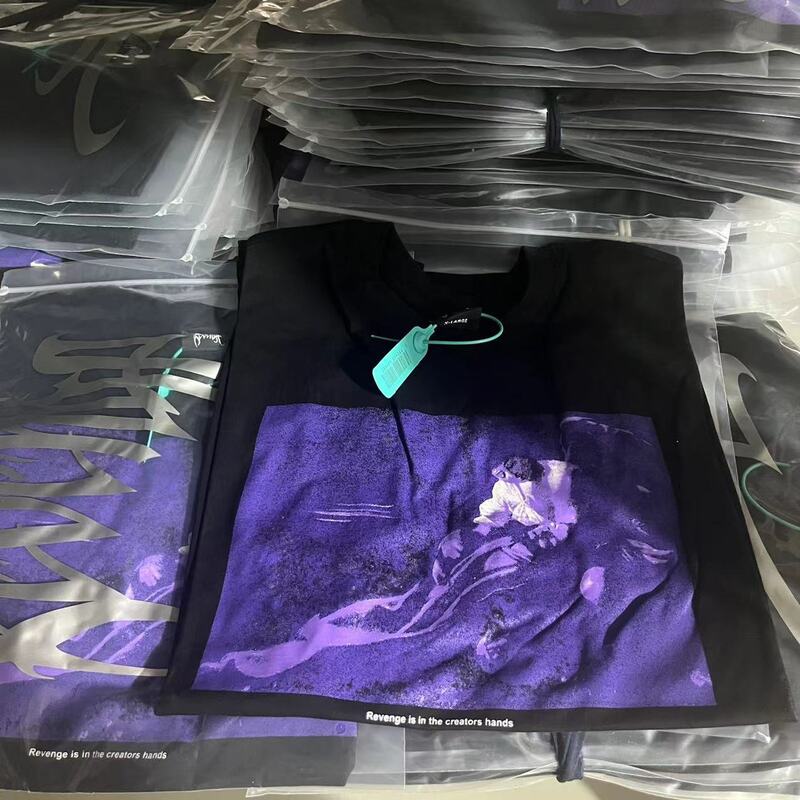REVENGE-Camiseta de manga corta con cuello redondo para hombre y mujer, camisa holgada de color negro con estampado de letras bordeadas, Tidal Purple