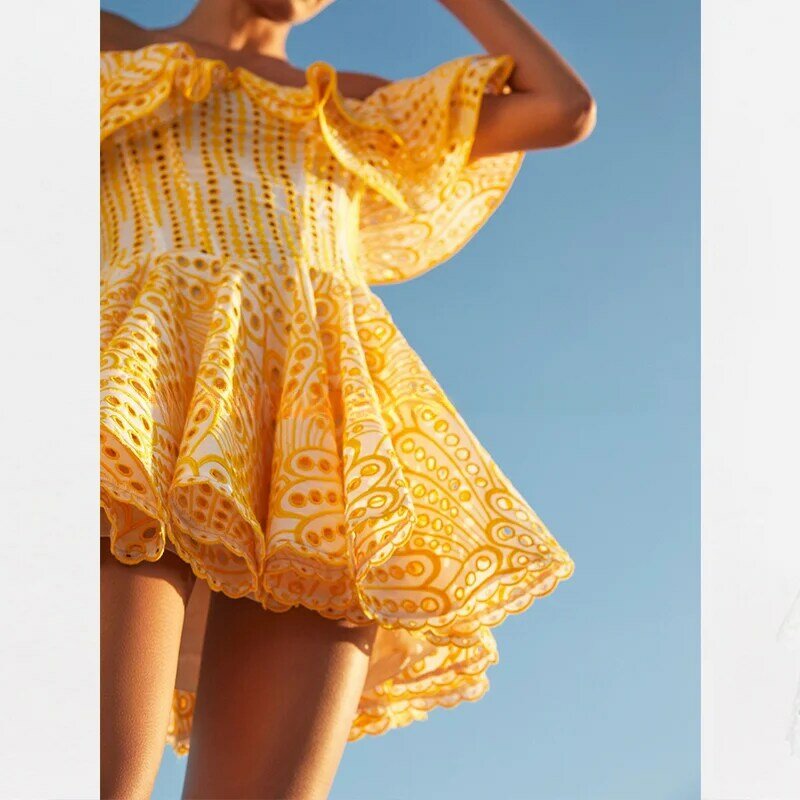 เดรส2023ฤดูร้อนสำหรับผู้หญิงเสื้อผ้าวินเทจแต่งระบายแบบกลวงคอปาดผ้าลูกไม้สง่างาม