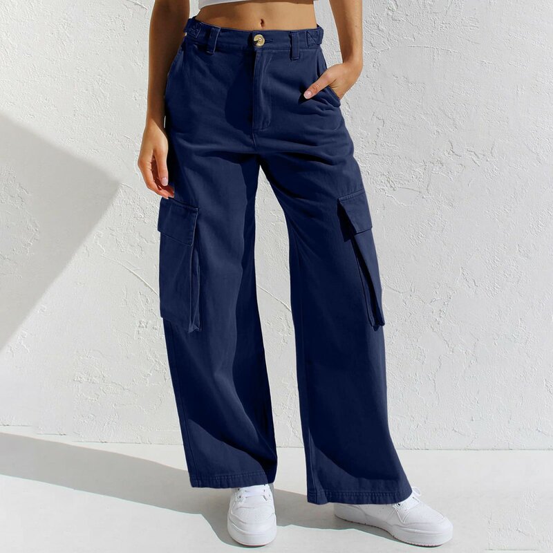 Calça jeans de trabalho multi bolso feminina, calça jeans, perna reta, solta, casual, versátil, monocromática, elegante