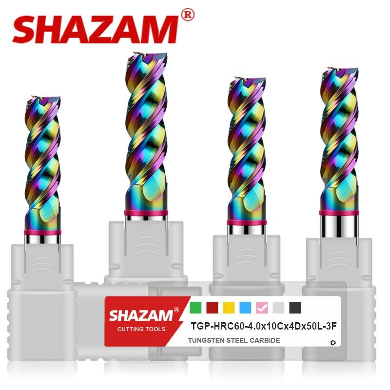 SHAZAM-fresas de extremo plano de aluminio y carburo de tungsteno de acero, cortador de fresado mecanizado CNC, revestimiento DLC, círculo de Color de 3 flautas, TGP-HRC60
